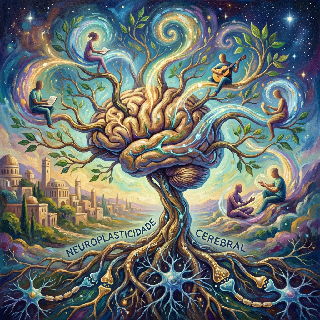 Illustration of a brain tree with people reading and playing music, with text NEUROPLASTICIDADE CEREBRAL.