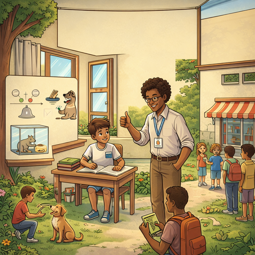 Illustration showing human behavior concepts including operant conditioning, classical conditioning, and social learning with people and animals in a classroom and park setting