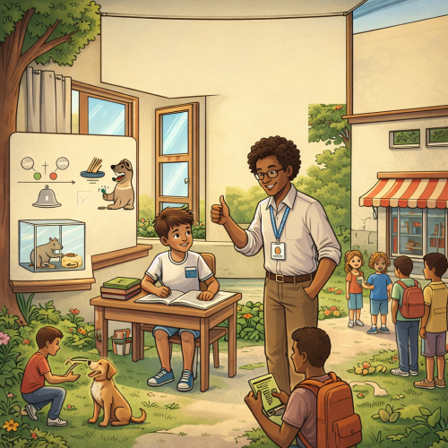 Illustration showing human behavior concepts including operant conditioning, classical conditioning, and social learning with people and animals in a classroom and park setting