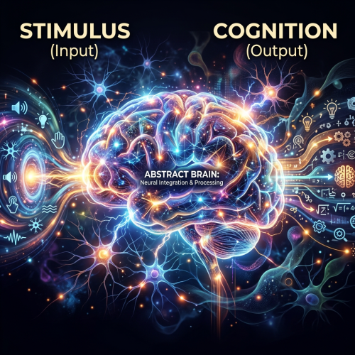 Illustration of a glowing brain processing neural signals from sensory stimuli to cognitive functions