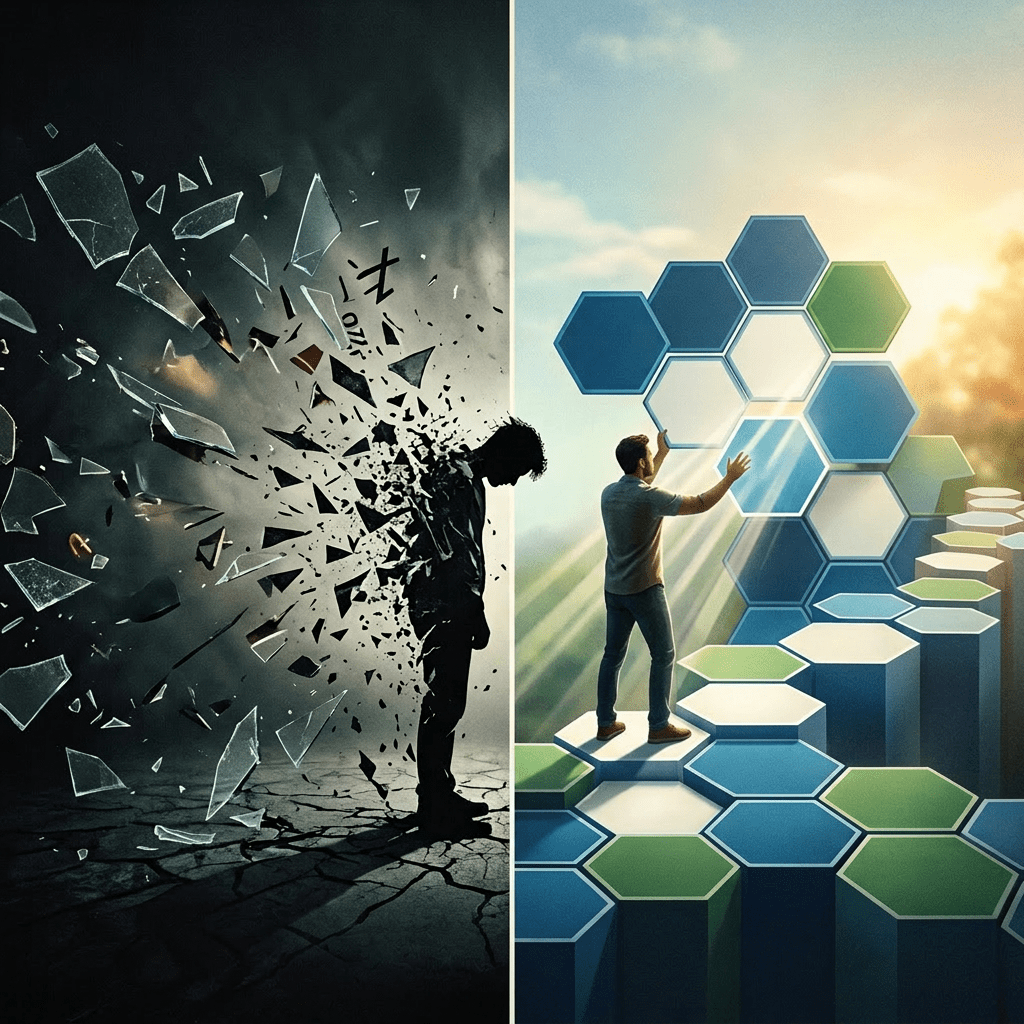 Silhouette fragmented by anxiety and fear words contrasted with person organizing hexagons representing CBT concepts