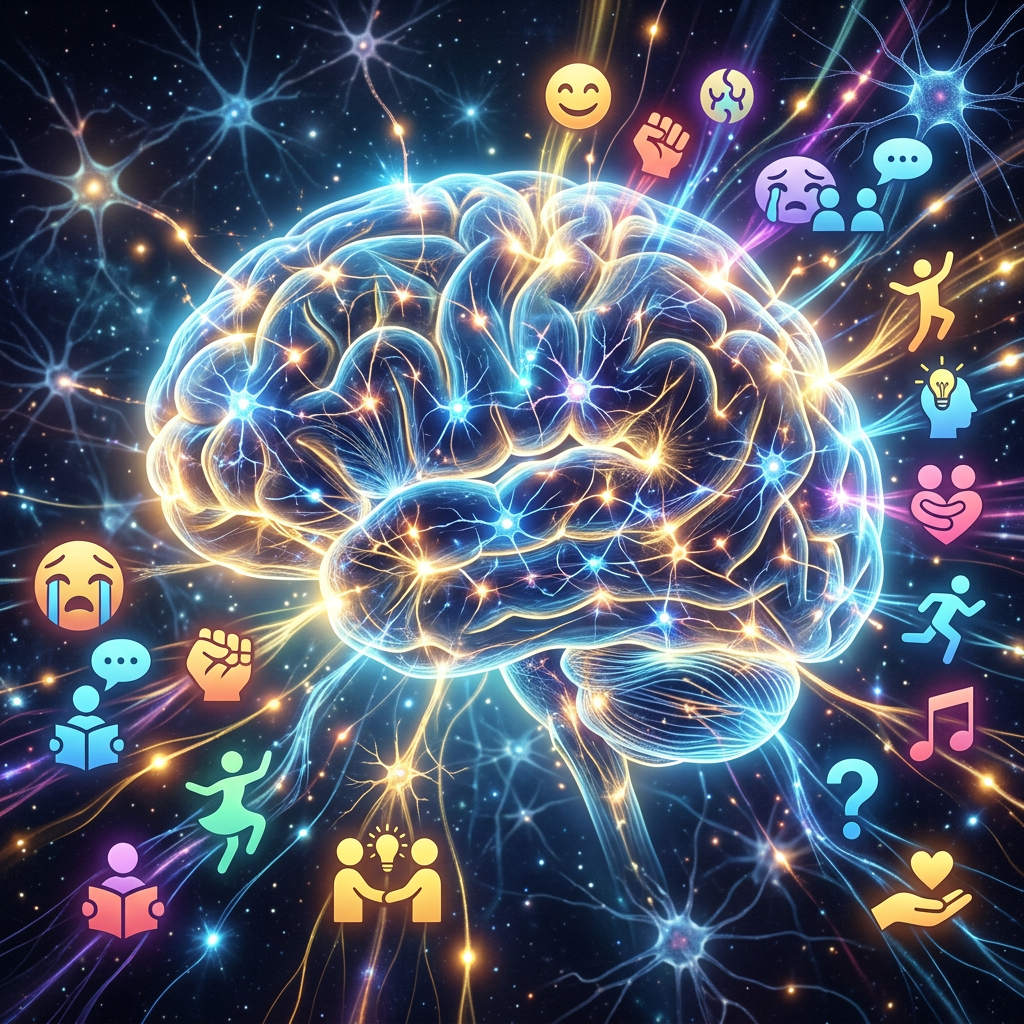 Glowing brain with neural connections linked to emojis representing emotions and interactions