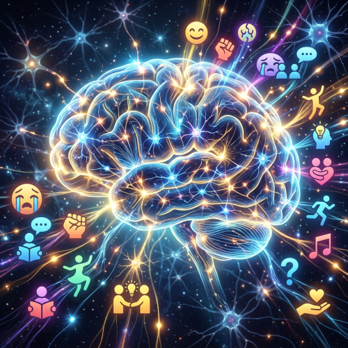 Glowing brain with neural connections linked to emojis representing emotions and interactions