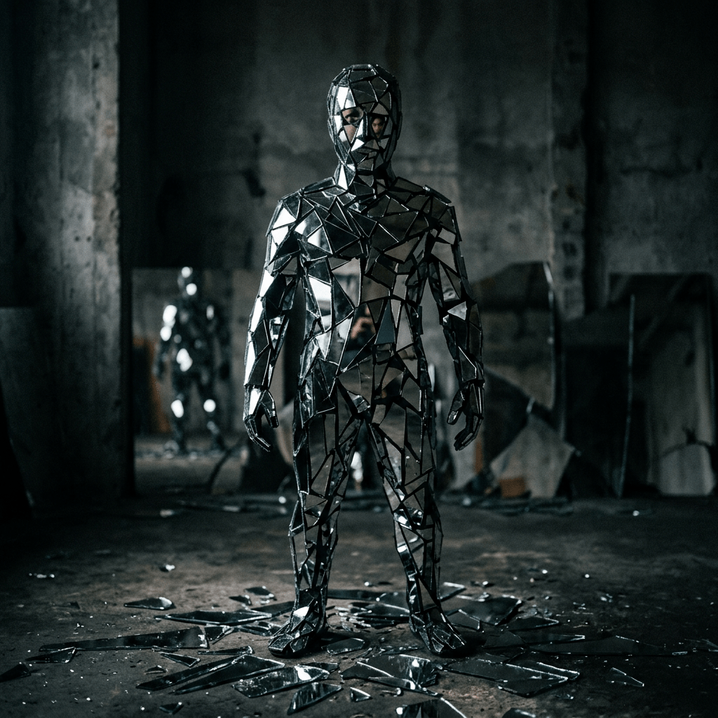 Person wearing a suit made of broken mirror fragments in a dark room with shattered glass on the floor