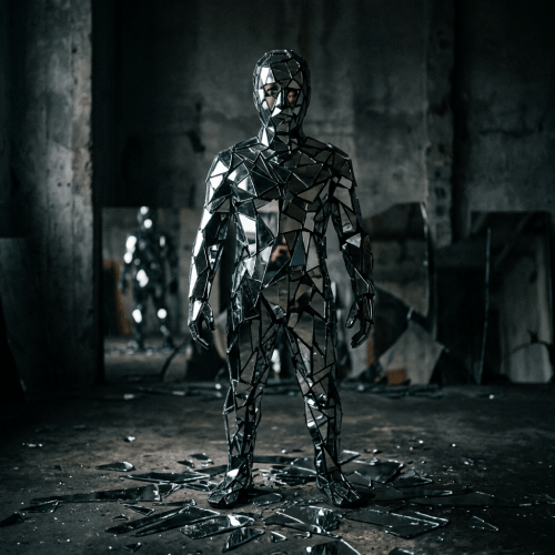 Person wearing a suit made of broken mirror fragments in a dark room with shattered glass on the floor