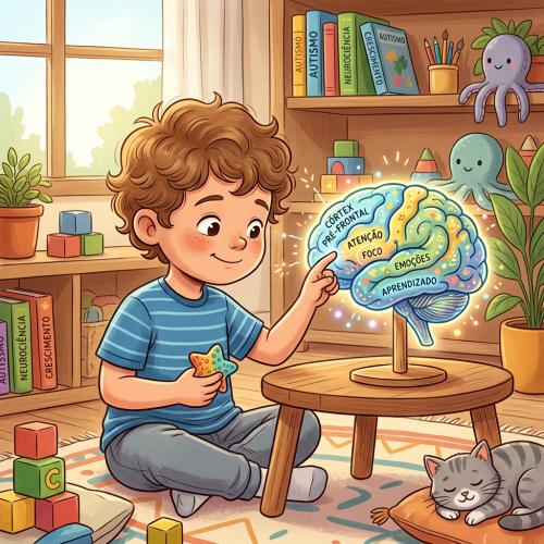 Child pointing to labeled glowing brain model with areas for attention, focus, emotions, and learning
