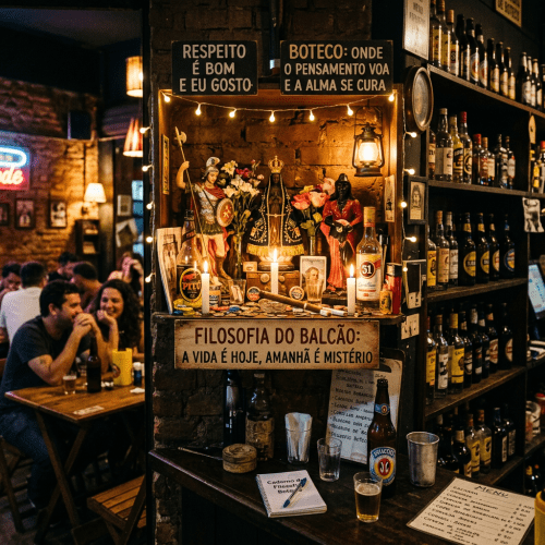 Small altar with candles, statues, and liquor bottles at a cozy bar
