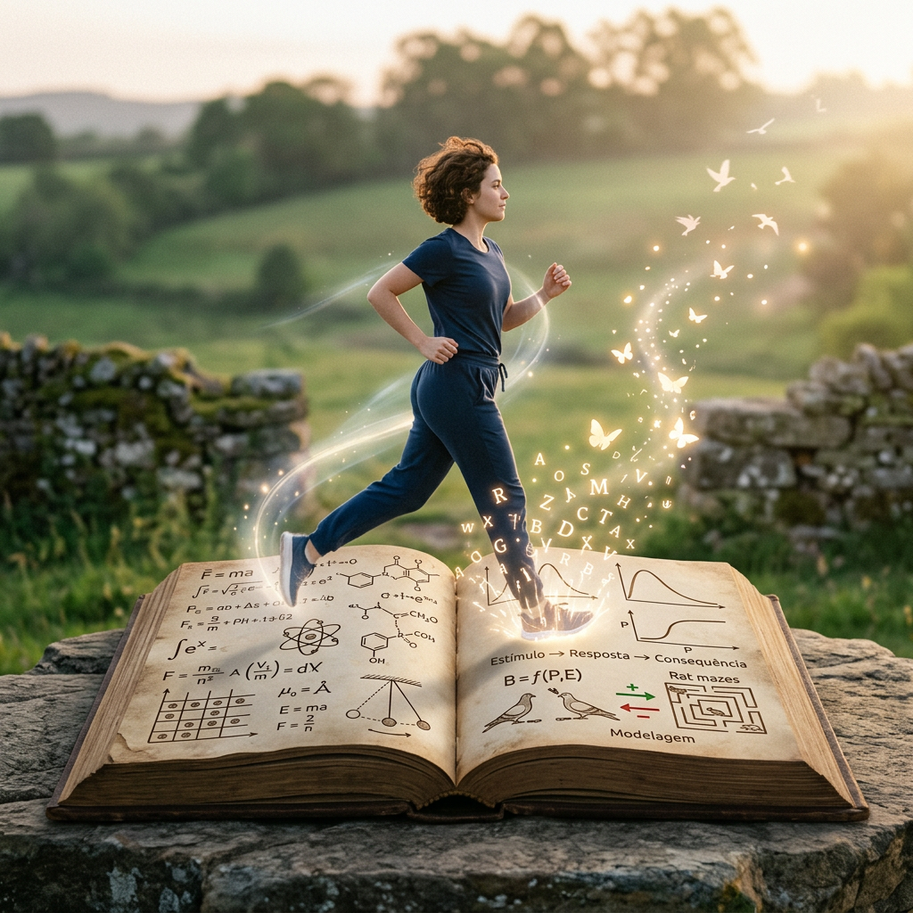 A woman jogging with light, letters, and butterflies rising from an open book with scientific diagrams.