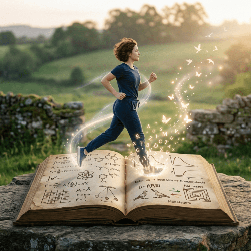 A woman jogging with light, letters, and butterflies rising from an open book with scientific diagrams.