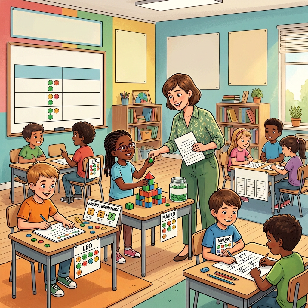 Teacher giving token to student in classroom using behavior management system with charts and students working at desks