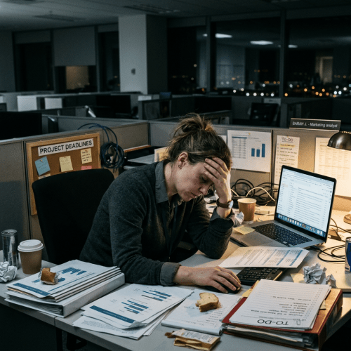 Marketing analyst at cluttered desk, surrounded by reports, project deadlines, and a laptop