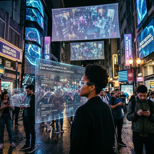 Person viewing quantum behavior visualization in a crowded neon-lit exhibition