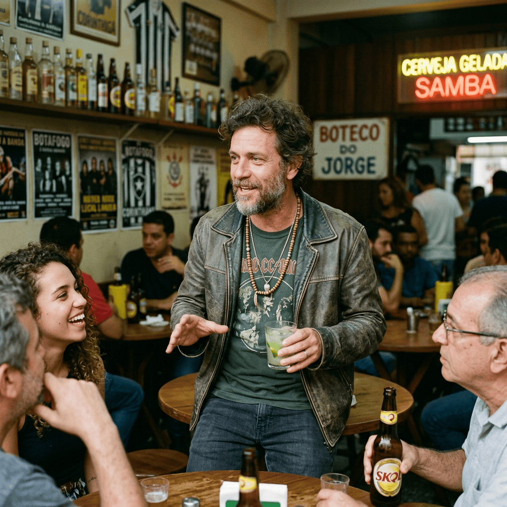 Man holding a drink and talking with friends in a busy Brazilian bar