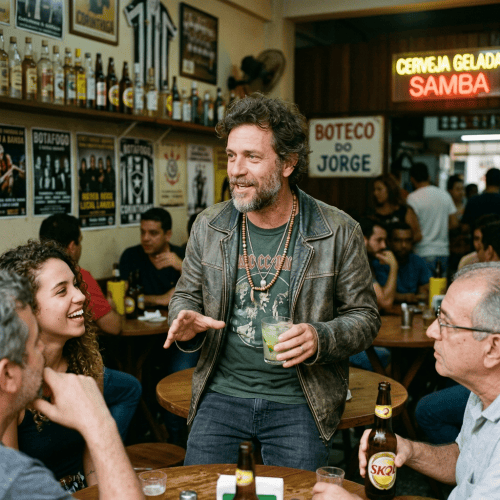 Man holding a drink and talking with friends in a busy Brazilian bar