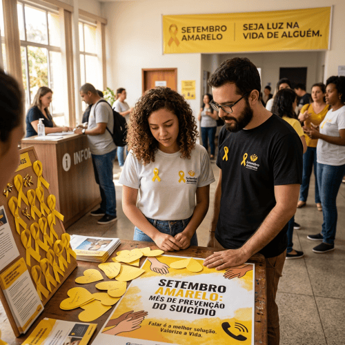Volunteers at a Setembro Amarelo suicide prevention awareness table